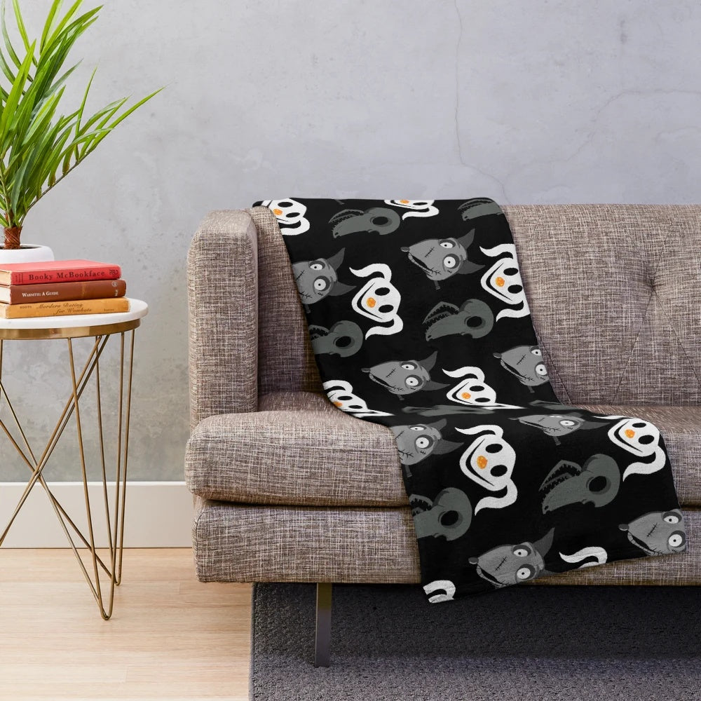 Nightmare Before Christmas themed dog plush blanket with characters Zero, Sparky, and Scraps