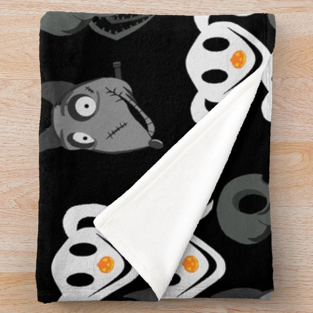 Nightmare Before Christmas themed dog plush blanket with characters Zero, Sparky, and Scraps