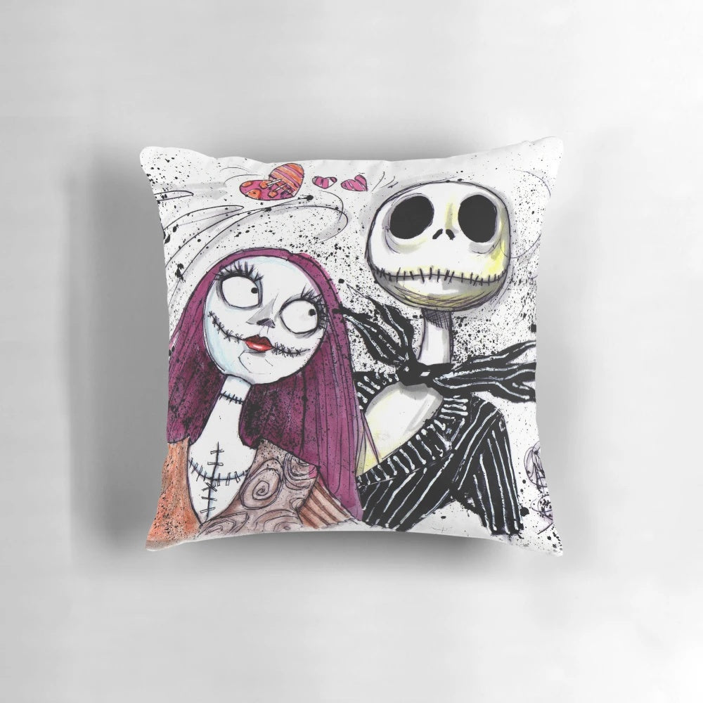 Jack Skellington and Sally Rag Doll from The Nightmare Before Christmas featured on a plush pillow
