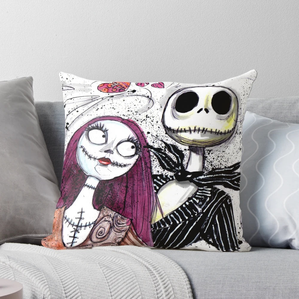 Jack Skellington and Sally Rag Doll from The Nightmare Before Christmas featured on a plush pillow