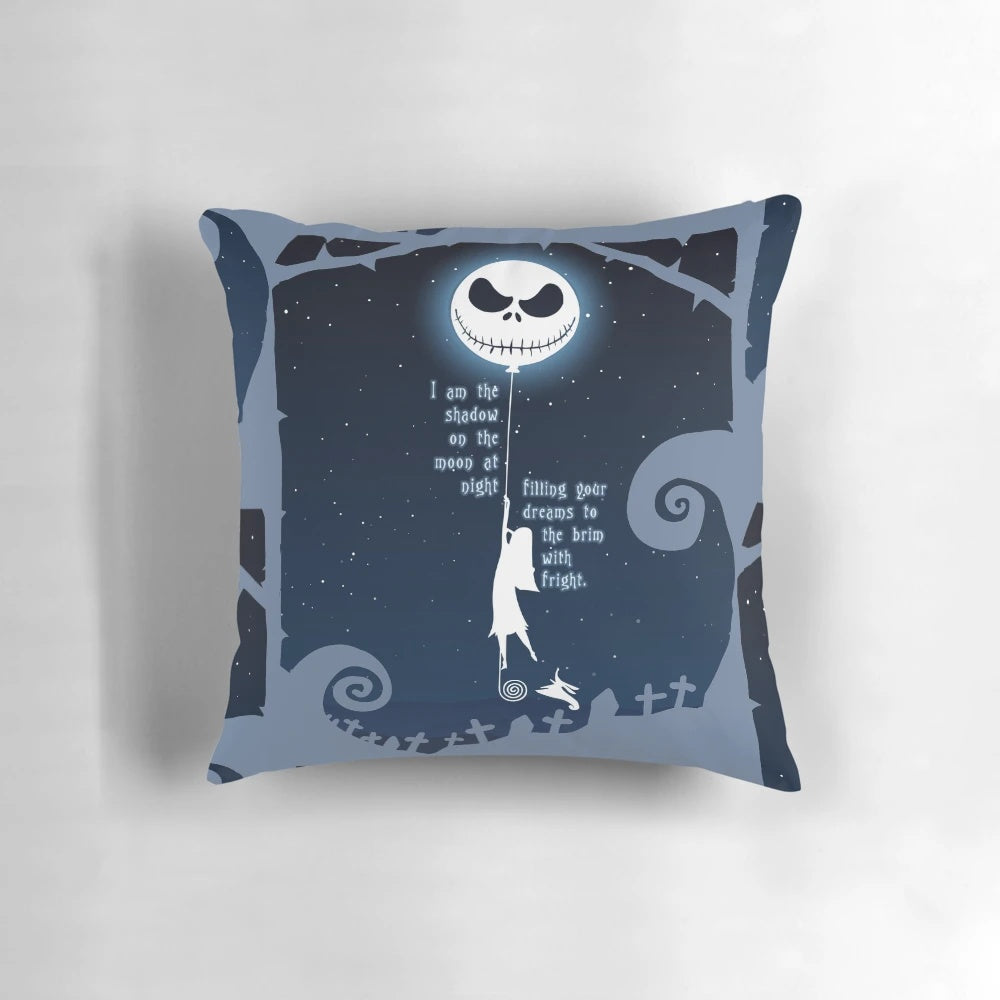 Jack Skellington and Sally from Nightmare Before Christmas cast a shadow on the moon on this decorative Halloween and Christmas pillow