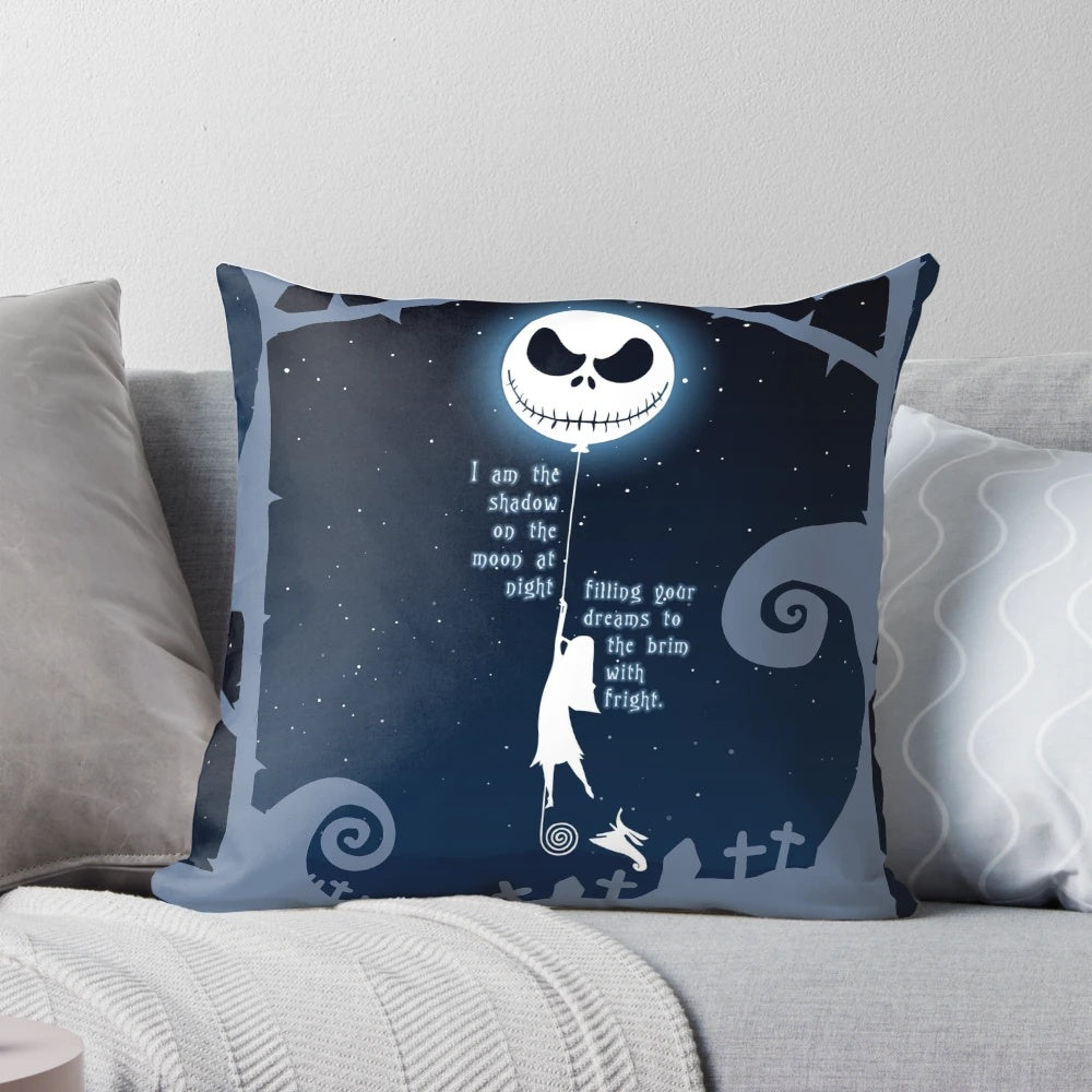 Jack Skellington and Sally from Nightmare Before Christmas cast a shadow on the moon on this decorative Halloween and Christmas pillow
