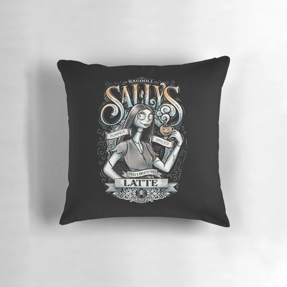 Nightmare Before Christmas Sally's Pumpkin Spice Latte Throw Pillow with Jack Skellington and Tim Burton movie characters
