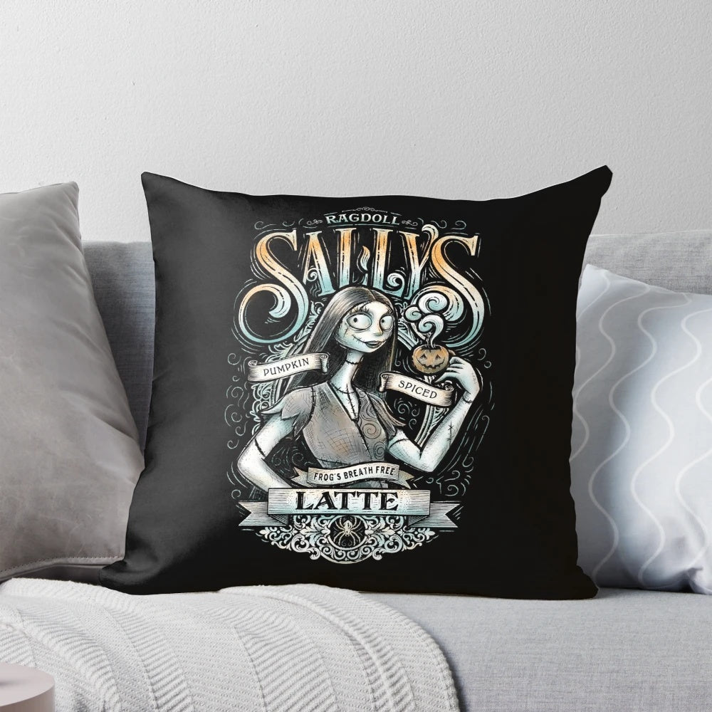 Nightmare Before Christmas Sally's Pumpkin Spice Latte Throw Pillow with Jack Skellington and Tim Burton movie characters