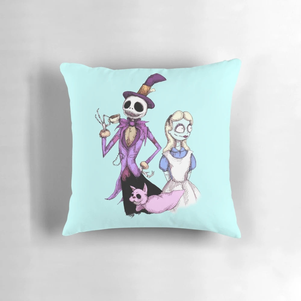 Nightmare in Wonderland themed pillow featuring a gothic, horror-inspired design with Alice in Wonderland and Christmas elements