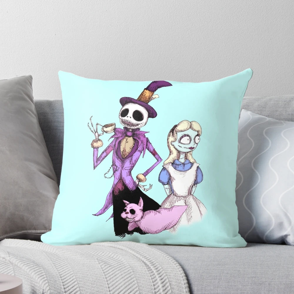 Nightmare in Wonderland themed pillow featuring a gothic, horror-inspired design with Alice in Wonderland and Christmas elements