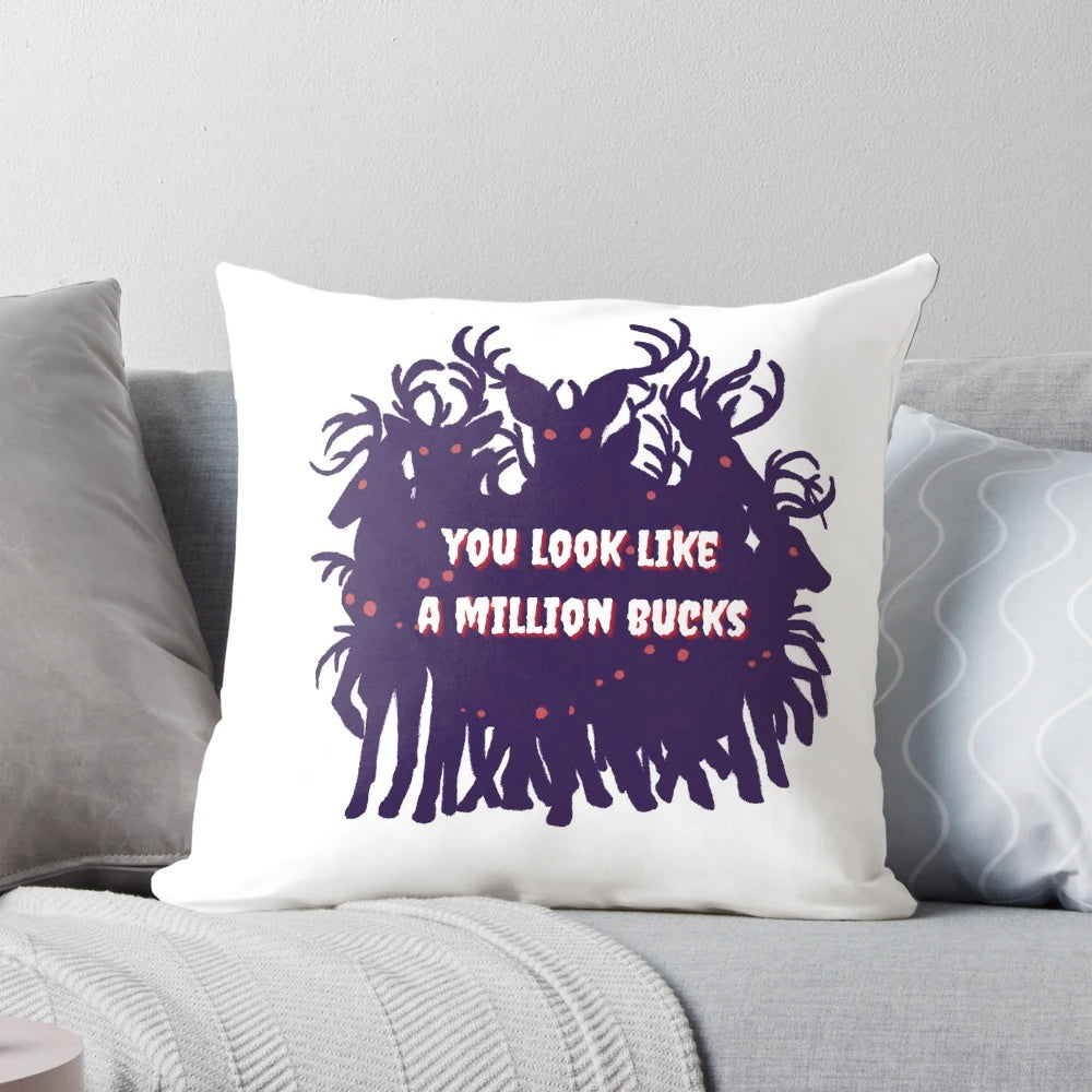 A unique and creepy 'A Million Bucks' deer-themed pillow for a humorous and macabre decor.