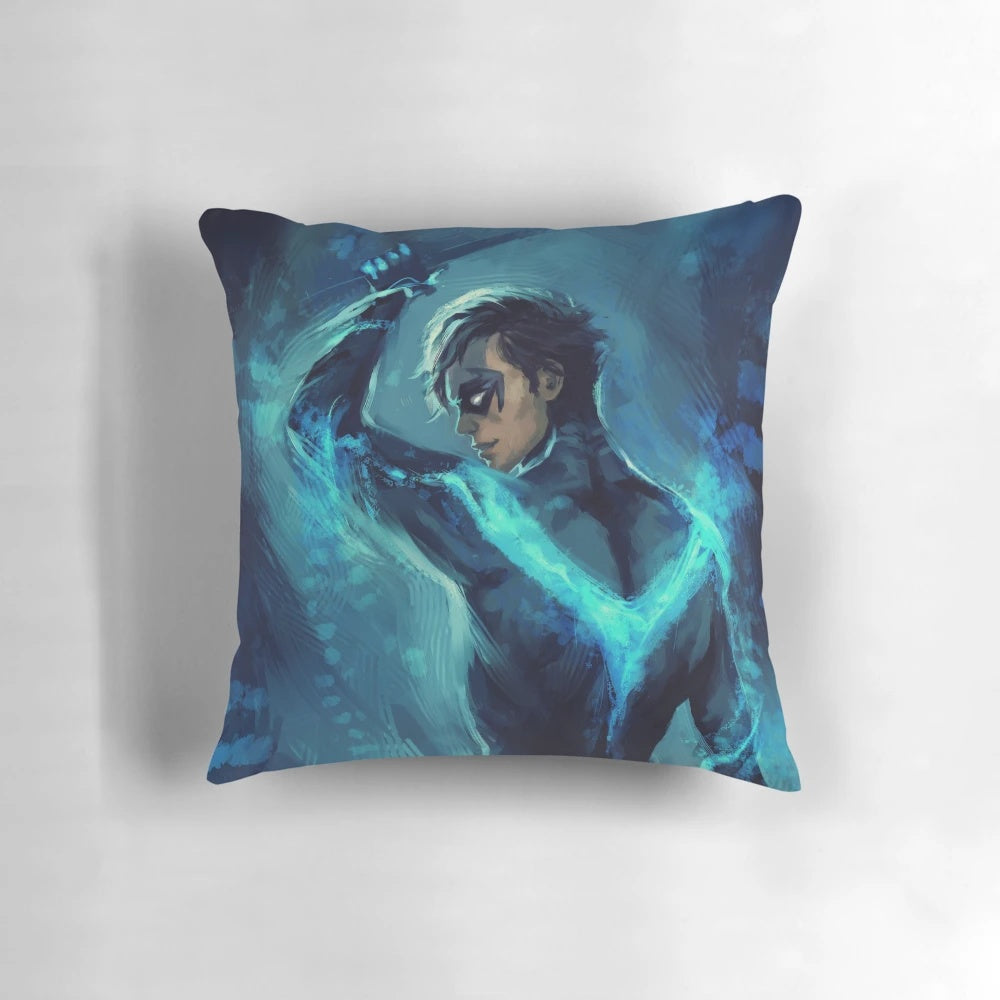 Nightwing-themed decorative pillow with blue and black design