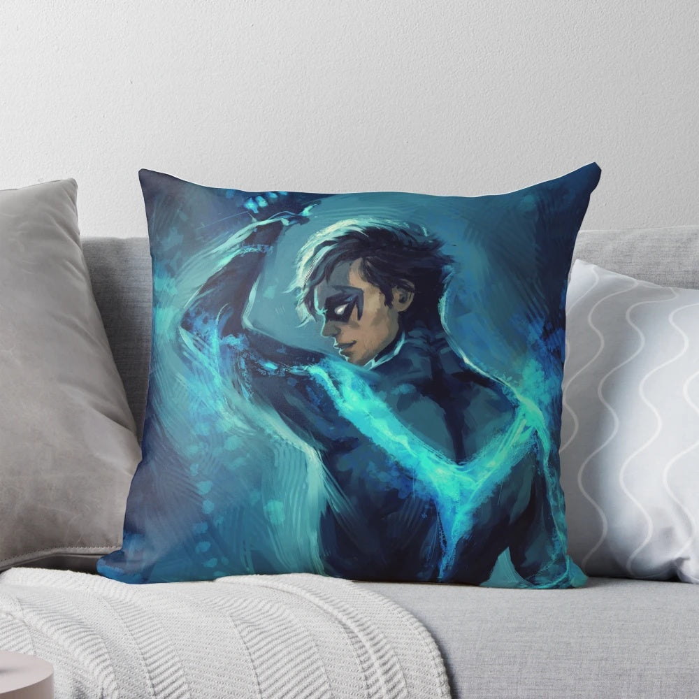 Nightwing-themed decorative pillow with blue and black design