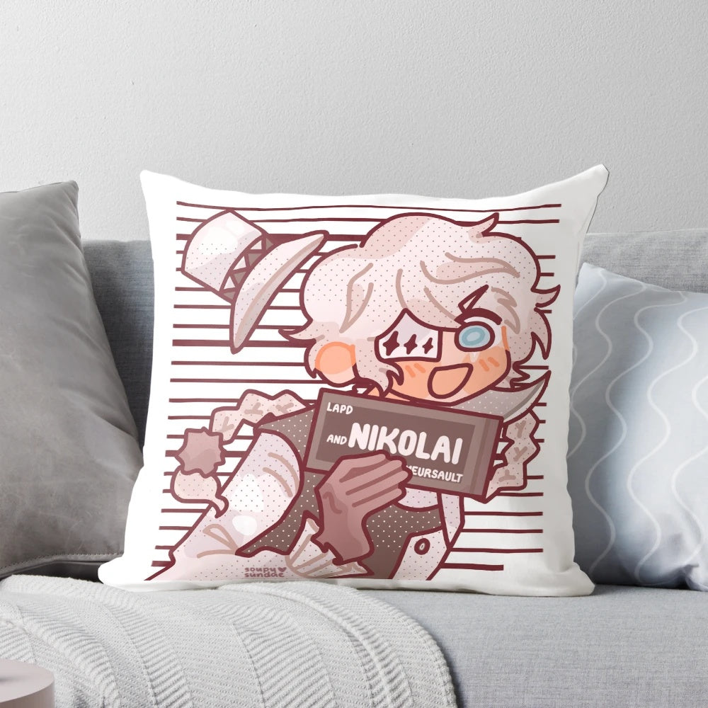 Adorable chibi-style Pillow featuring Nikolai Gogol from the anime Bungou Stray Dogs