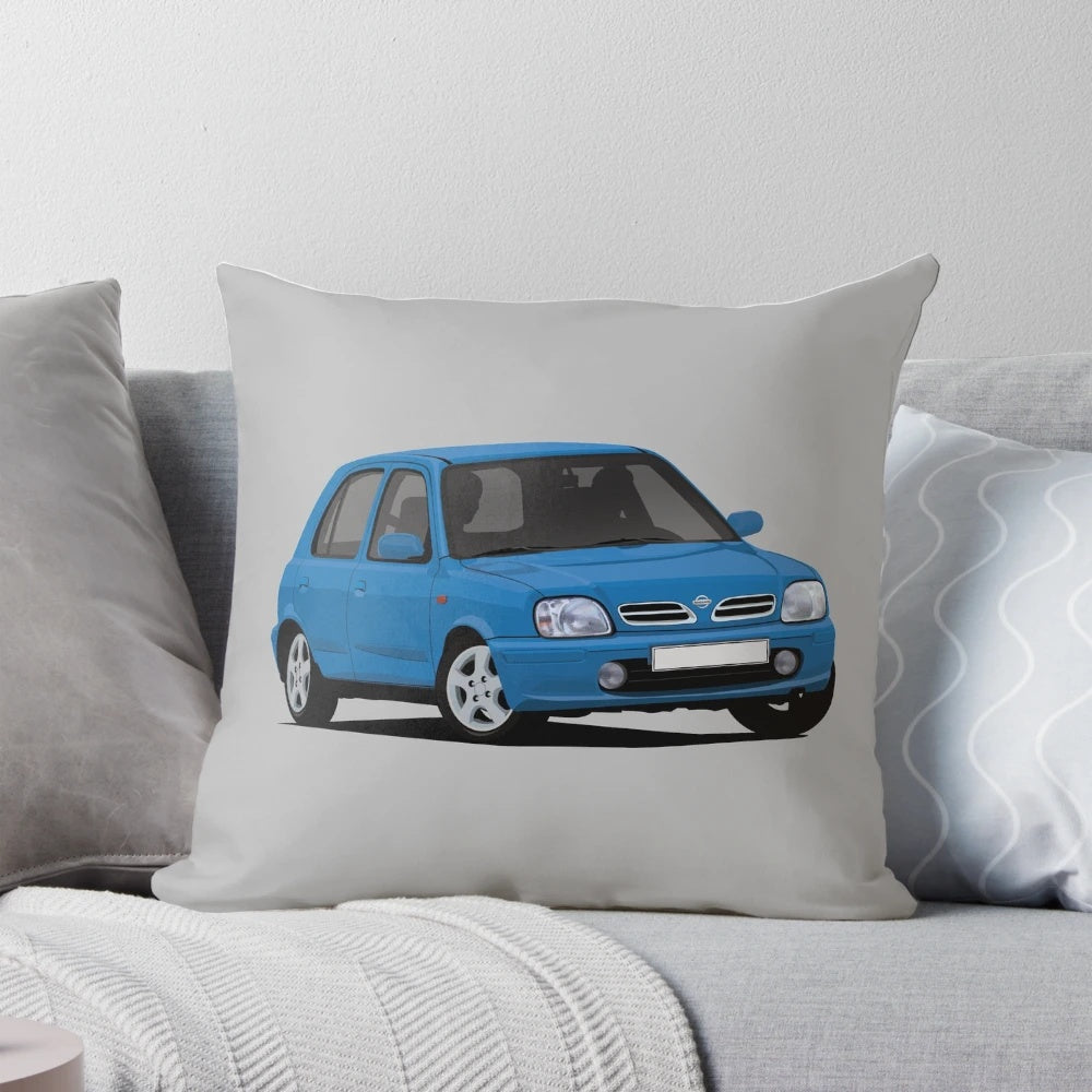 Nissan Micra K11C blue pillow illustration, featuring a classic Japanese supermini car from the 1990s