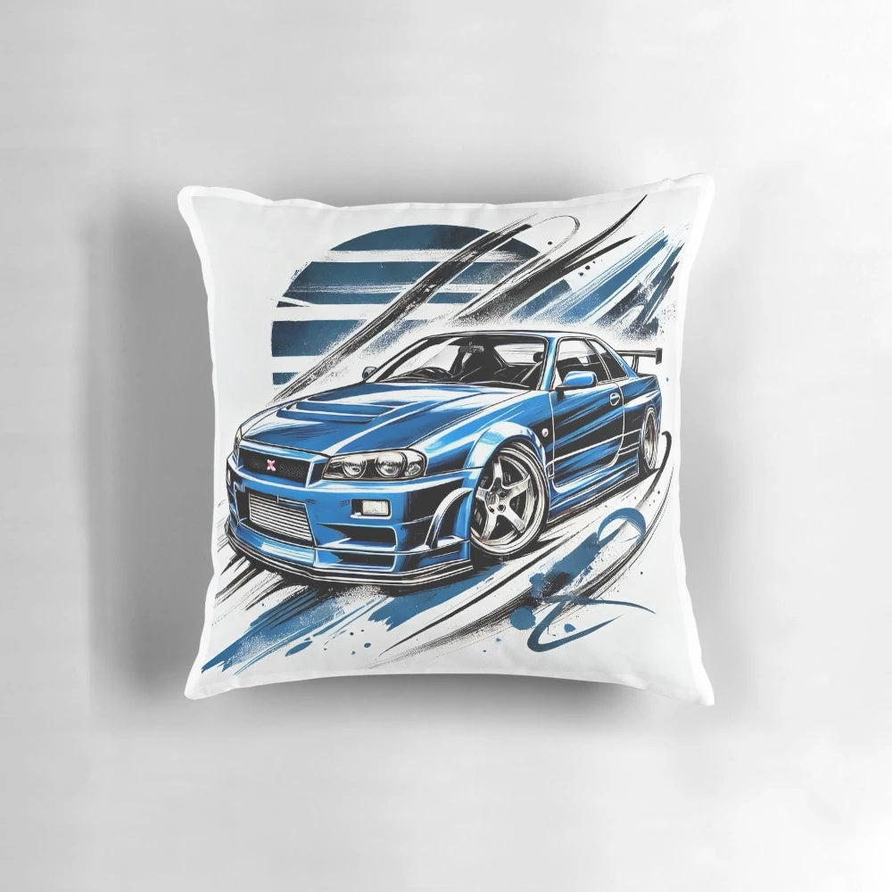 Vibrant blue Nissan R34 Skyline fanart printed on a plush, comfortable pillow for home or office decor.