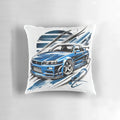 Vibrant blue Nissan R34 Skyline fanart printed on a plush, comfortable pillow for home or office decor.