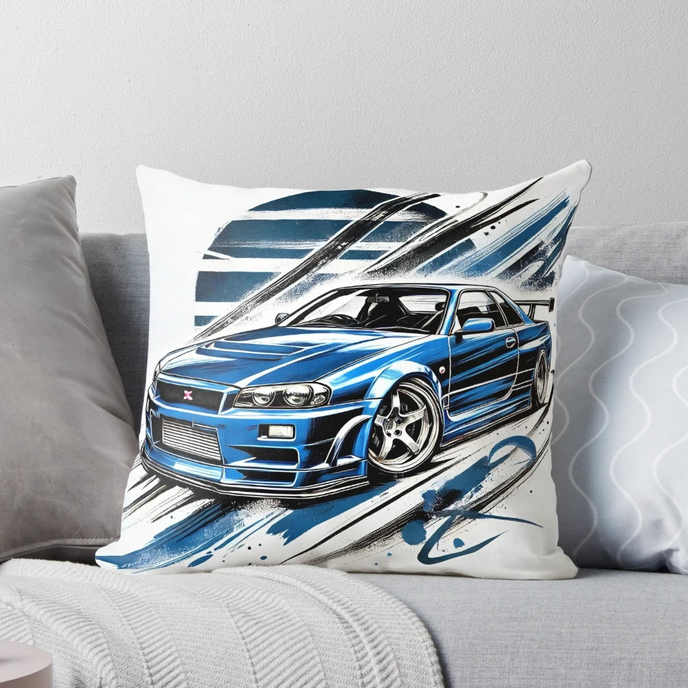 Vibrant blue Nissan R34 Skyline fanart printed on a plush, comfortable pillow for home or office decor.