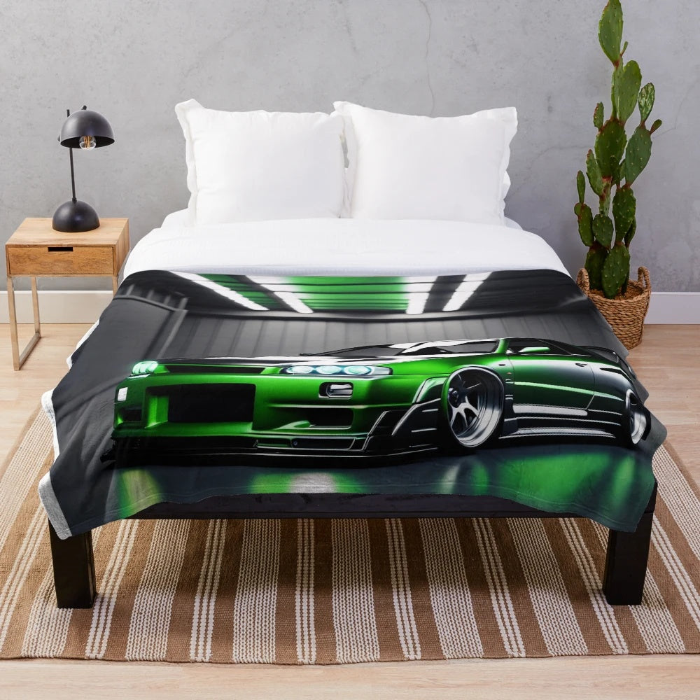 Nissan Skyline GTR 34 inspired plush throw blanket featuring a green sports car in a garage setting