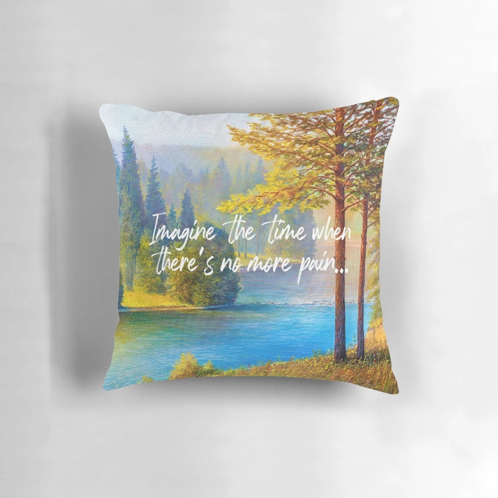 A plush, comforting pillow with the message "No More Pain" - an inspiring JW ministry supply.