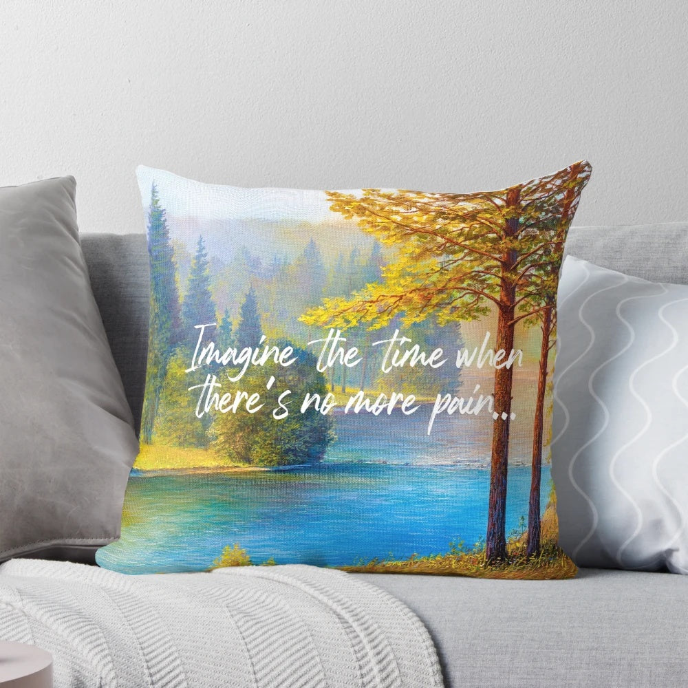 A plush, comforting pillow with the message "No More Pain" - an inspiring JW ministry supply.