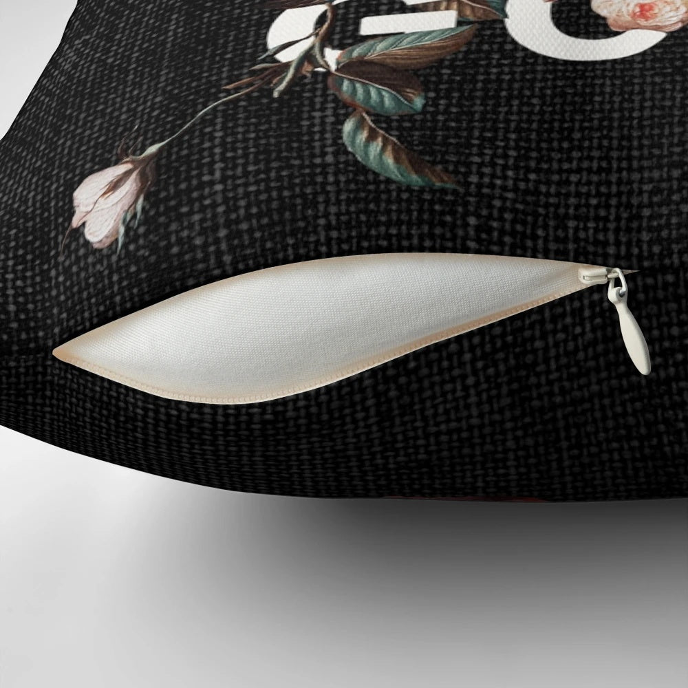 A "No Thanks I'm Good" message printed on a modern, minimalist pillow with a floral, botanical collage design.