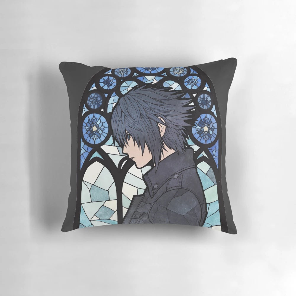 Stained glass-inspired decorative throw pillow featuring Noctis Lucis Caelum from the Final Fantasy video game series.