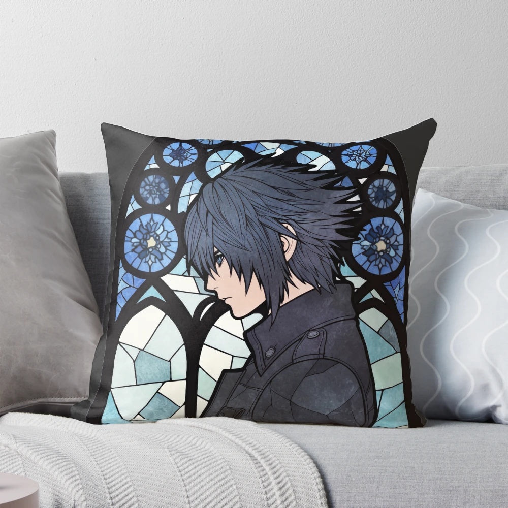 Stained glass-inspired decorative throw pillow featuring Noctis Lucis Caelum from the Final Fantasy video game series.