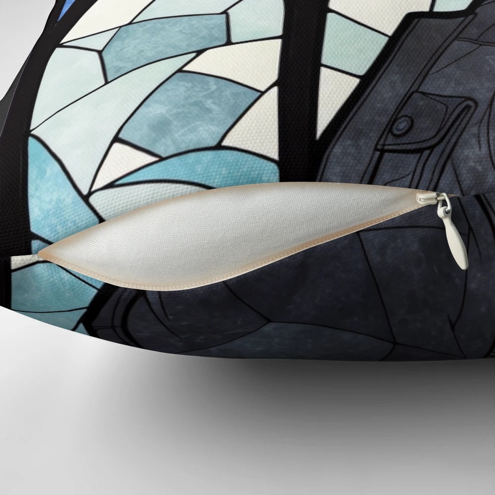 Stained glass-inspired decorative throw pillow featuring Noctis Lucis Caelum from the Final Fantasy video game series.