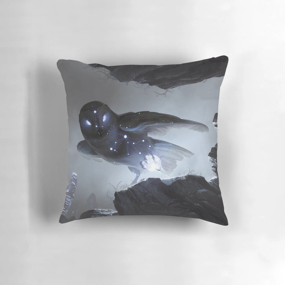 Noctua nocturnal owl constellation fantasy pillow with stars, moon, and night sky design
