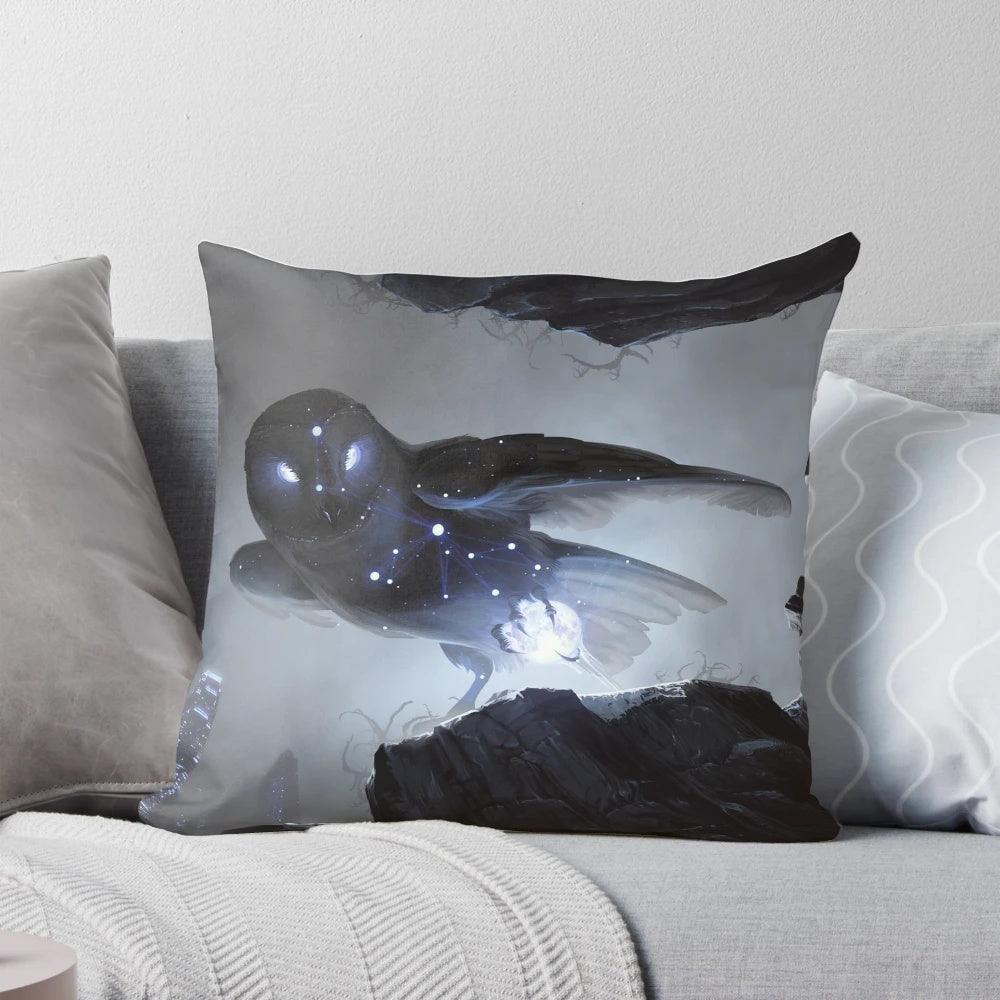 Noctua nocturnal owl constellation fantasy pillow with stars, moon, and night sky design