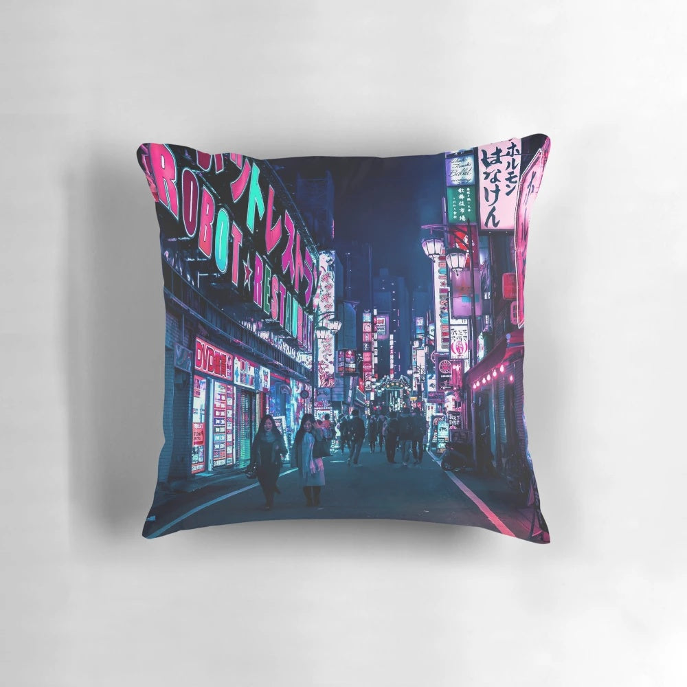 Vibrant neon-lit alley in a futuristic Tokyo cityscape, featuring the Nocturnal Tokyo Alley Pillow