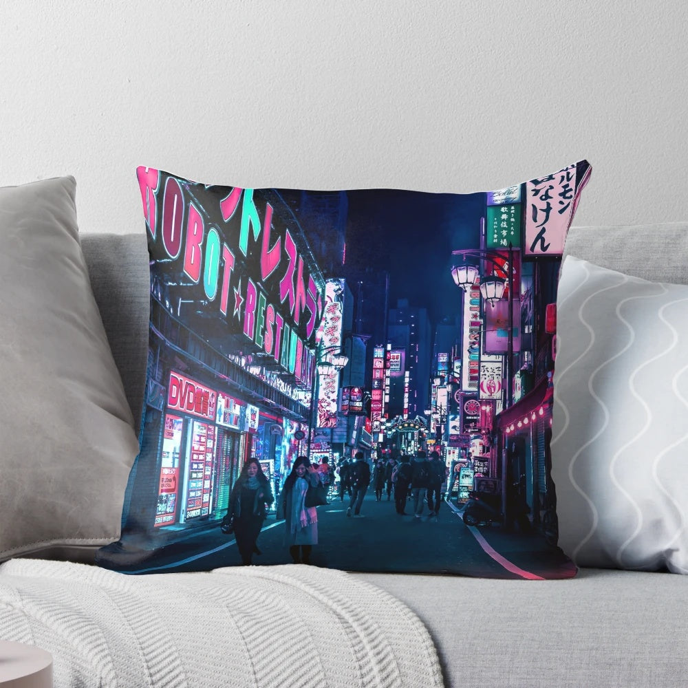 Vibrant neon-lit alley in a futuristic Tokyo cityscape, featuring the Nocturnal Tokyo Alley Pillow