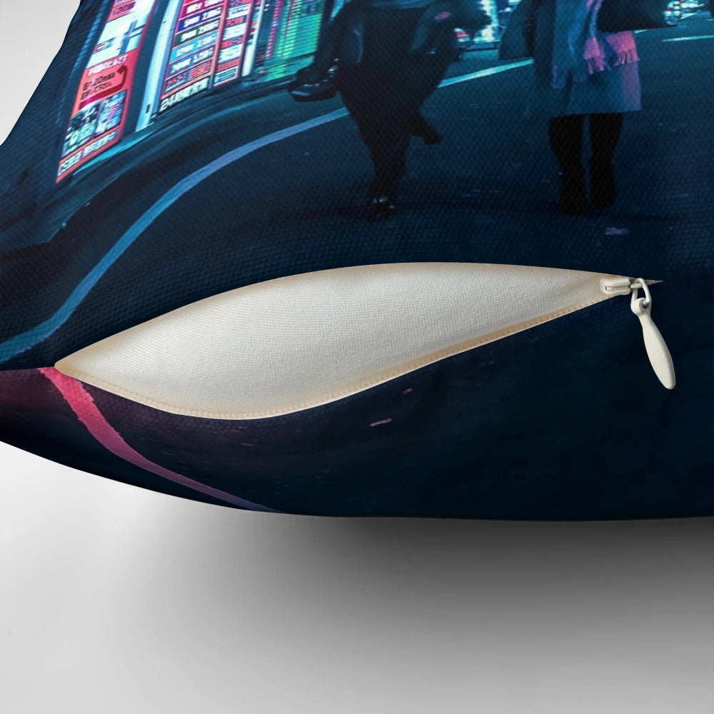 Vibrant neon-lit alley in a futuristic Tokyo cityscape, featuring the Nocturnal Tokyo Alley Pillow
