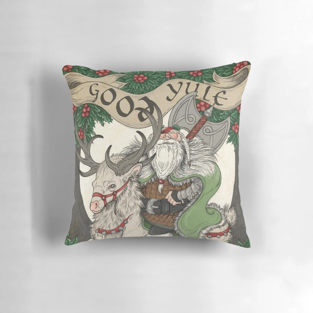 Nordic Santa green holiday pillow with reindeer, axe, and Odin-inspired design