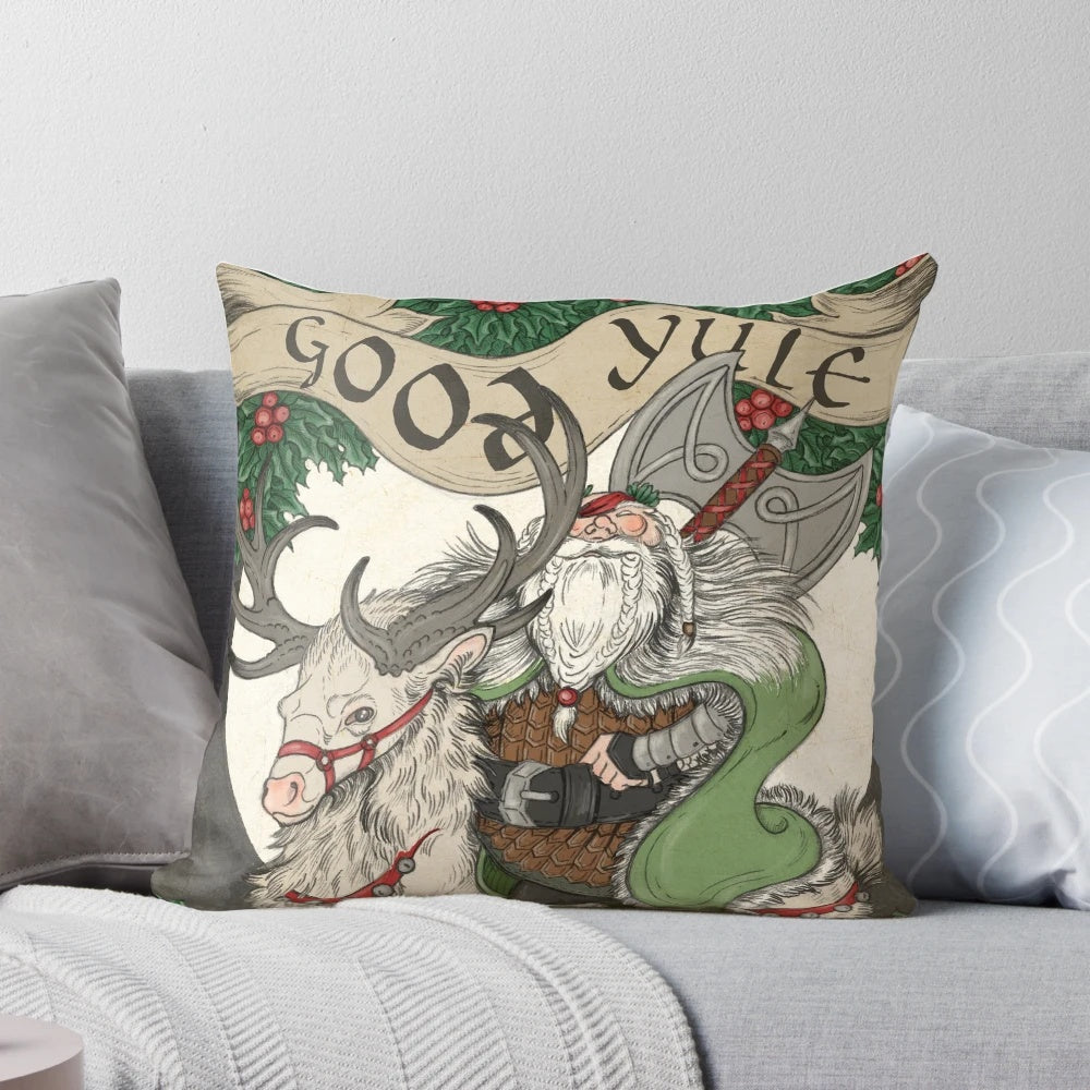 Nordic Santa green holiday pillow with reindeer, axe, and Odin-inspired design