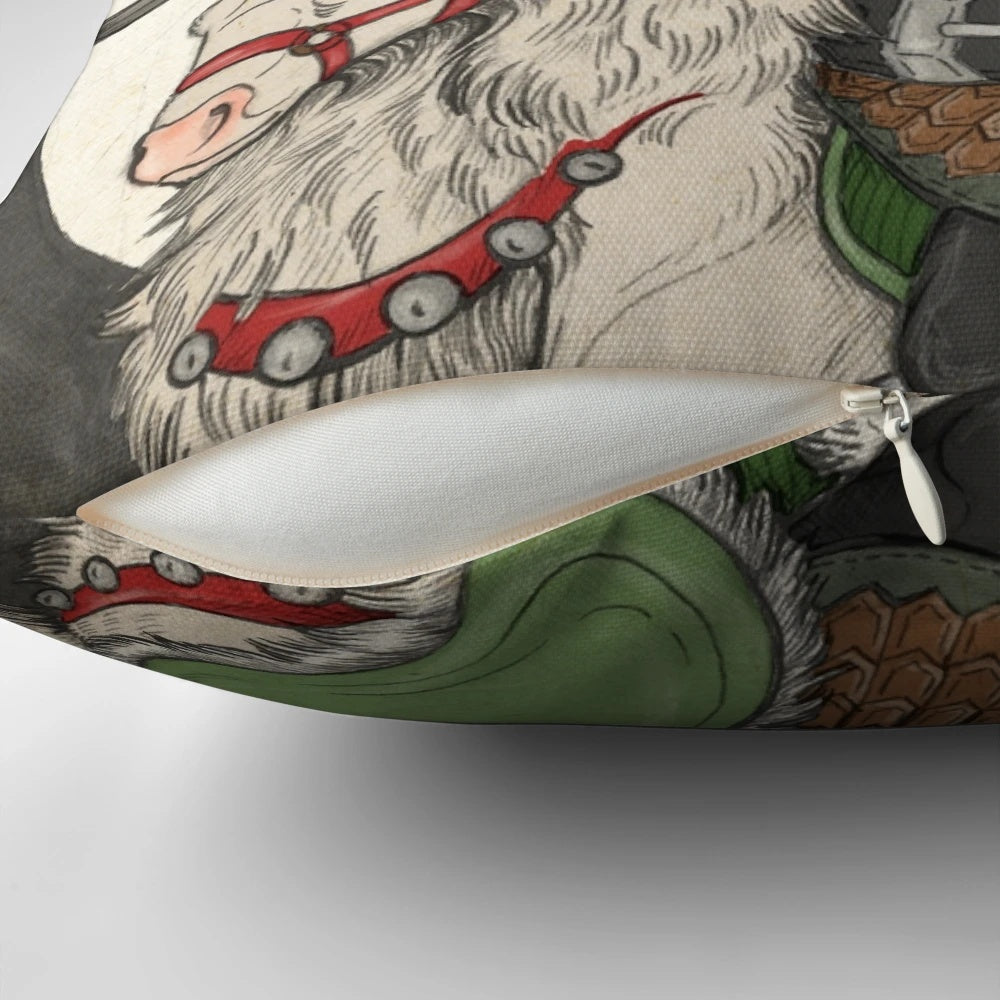 Nordic Santa green holiday pillow with reindeer, axe, and Odin-inspired design