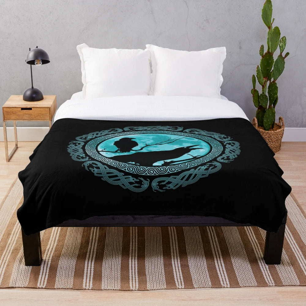 Soft and cozy plush blanket featuring Odin's ravens Huginn and Muninn from Norse mythology