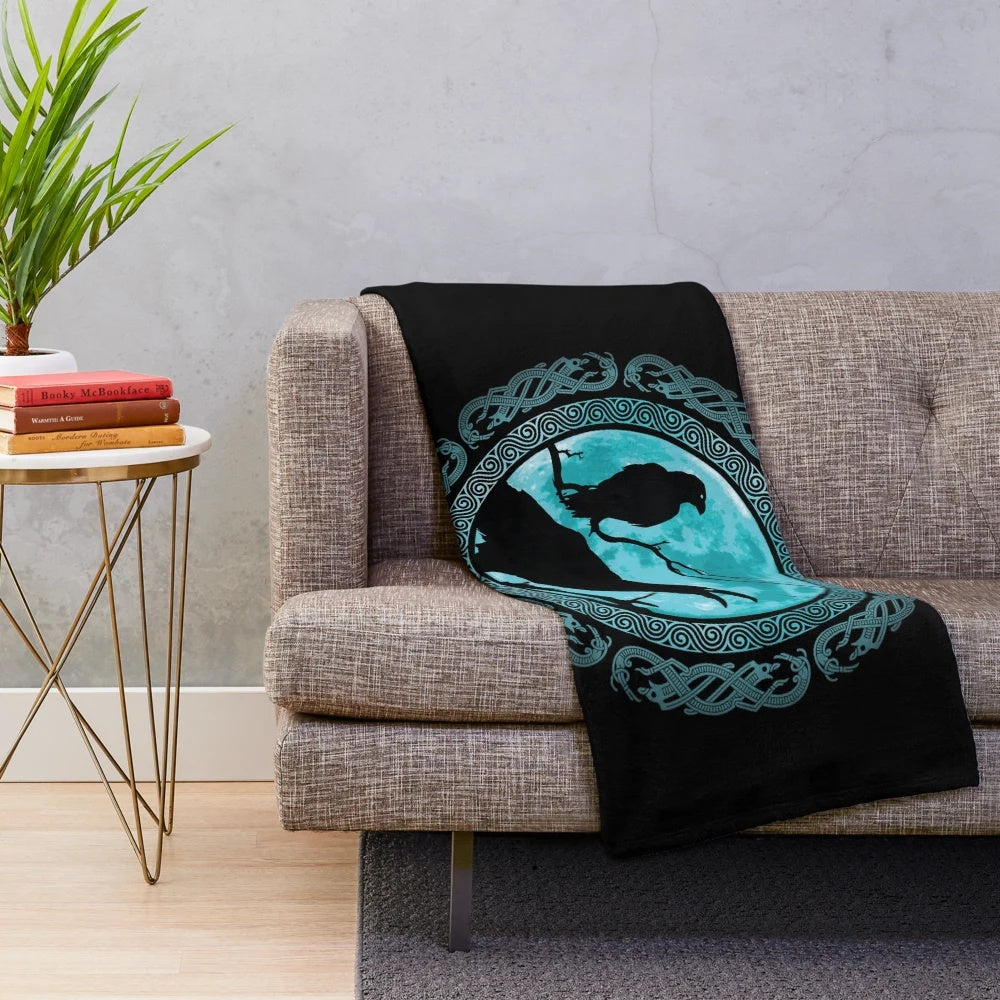 Soft and cozy plush blanket featuring Odin's ravens Huginn and Muninn from Norse mythology