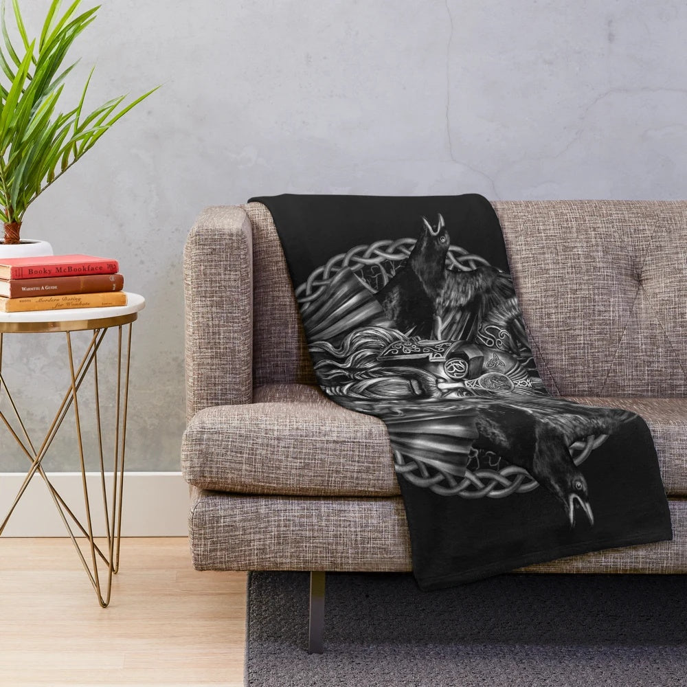 Plush blanket featuring Odin and his ravens Huginn and Muninn from Norse mythology