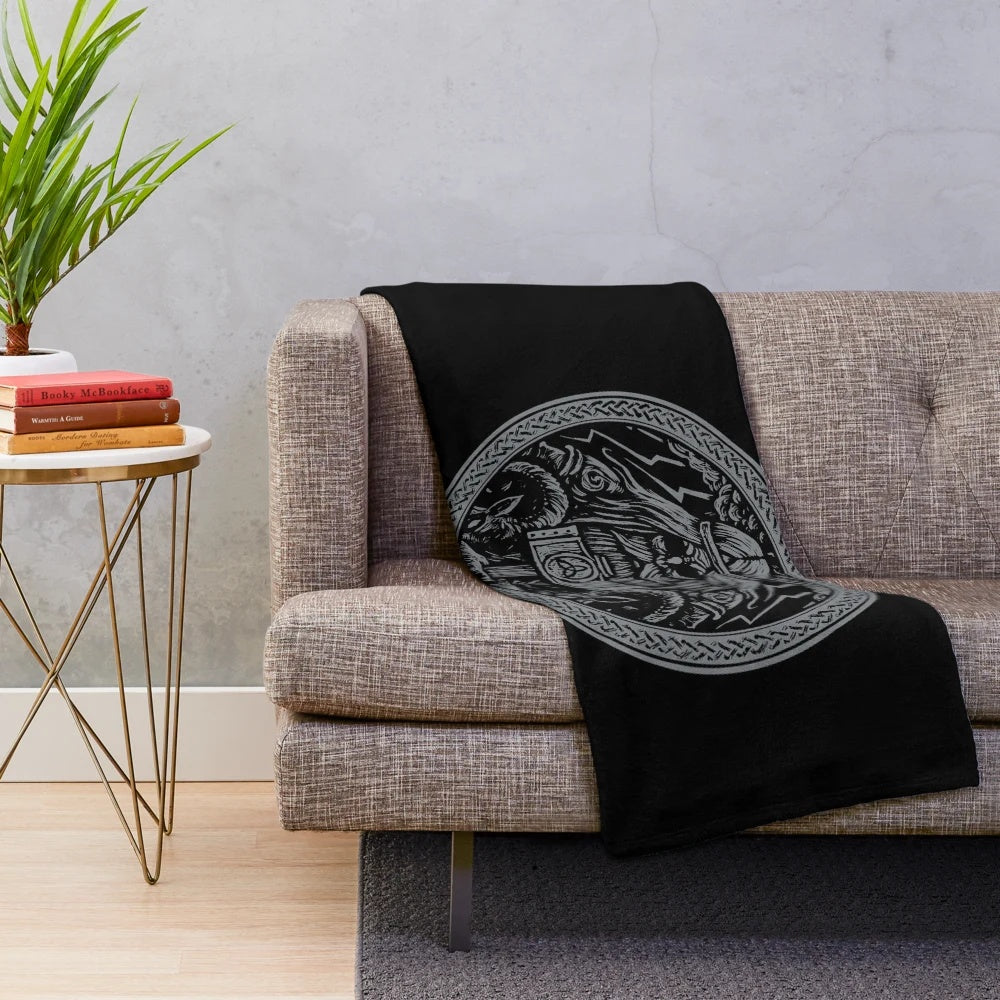 Odin's Hammer Mjolnir Plush Blanket with Norse Runes and Symbols