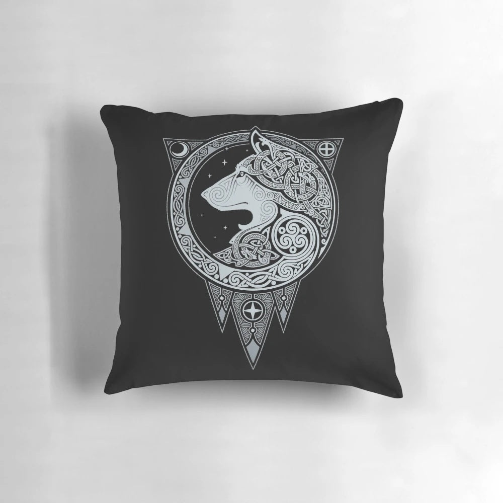 A silver-colored pillow featuring a wolf graphic, inspired by Norse mythology and Scandinavian design.