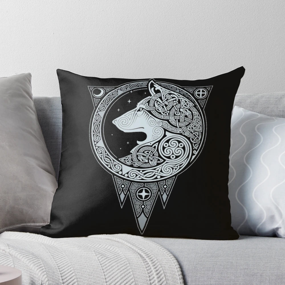 A silver-colored pillow featuring a wolf graphic, inspired by Norse mythology and Scandinavian design.