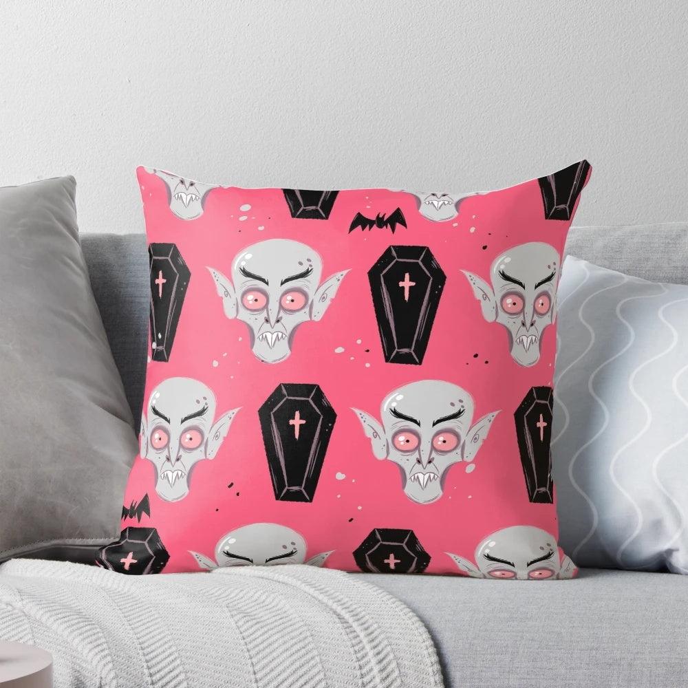 Nosferatu-inspired horror pillow with a pink and black gothic design