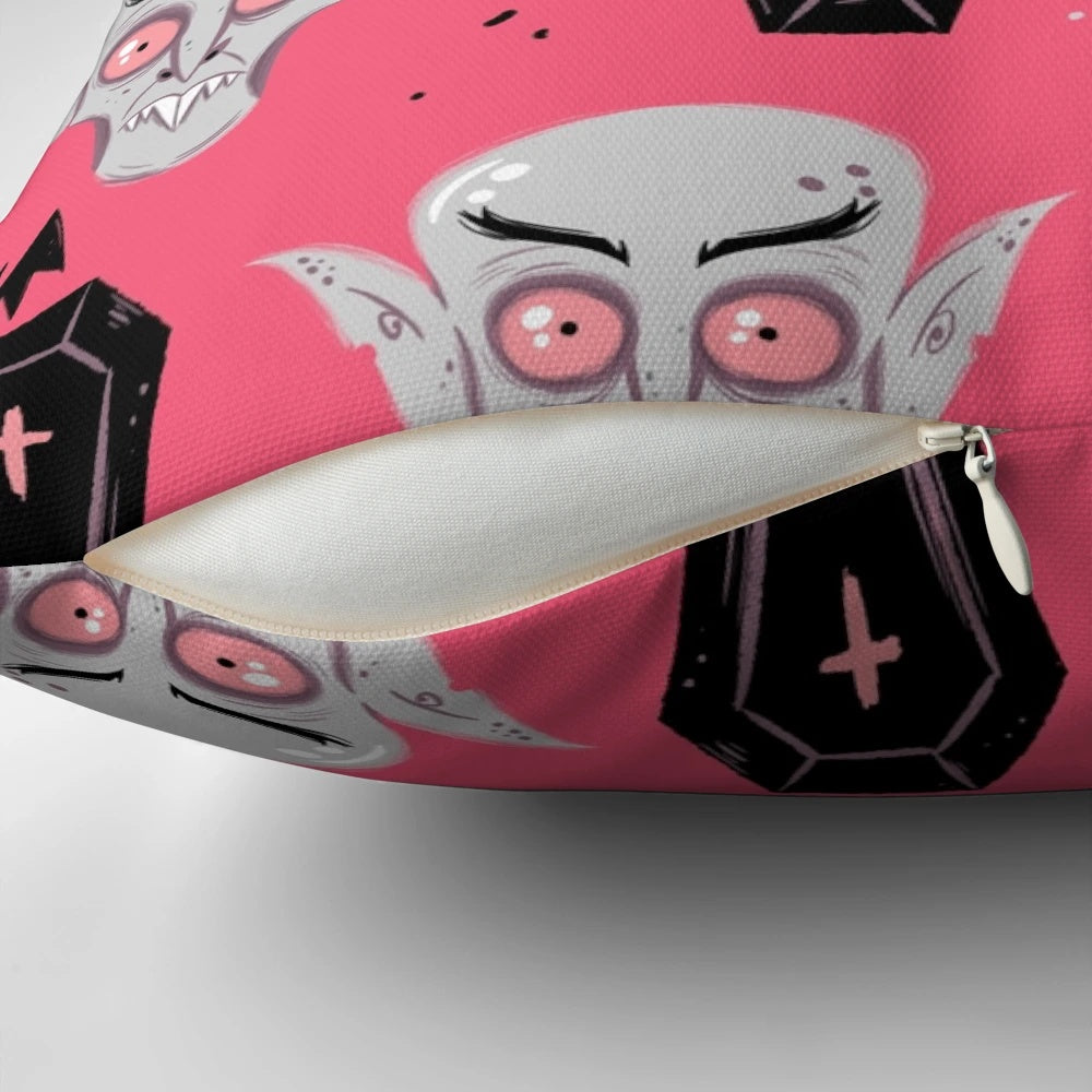 Nosferatu-inspired horror pillow with a pink and black gothic design