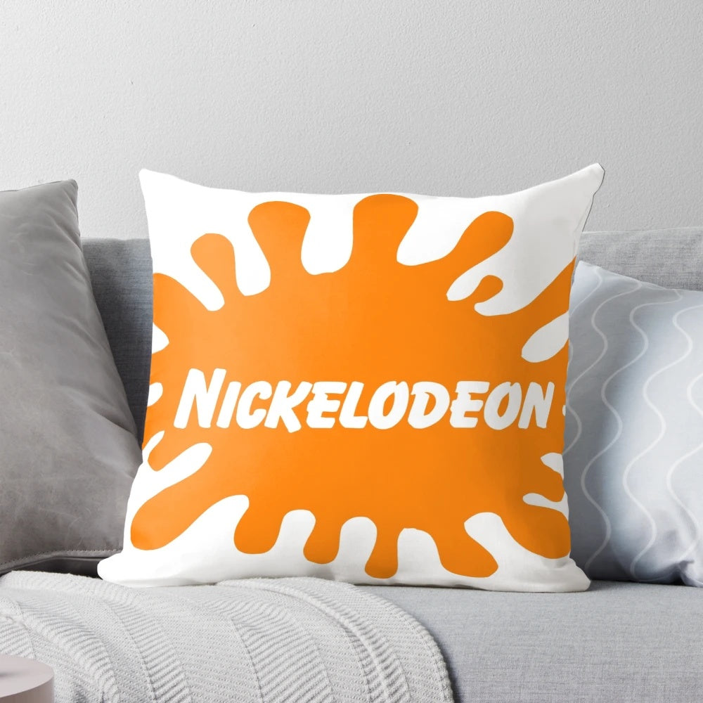 Plush pillow featuring the iconic retro Nickelodeon logo, perfect for 90s cartoon fans and nostalgic home decor.