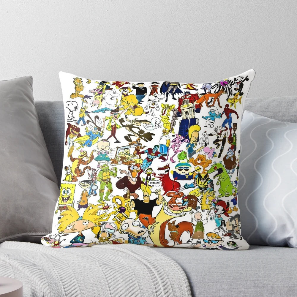 Colorful pillow featuring iconic '90s cartoons and '80s classic TV characters