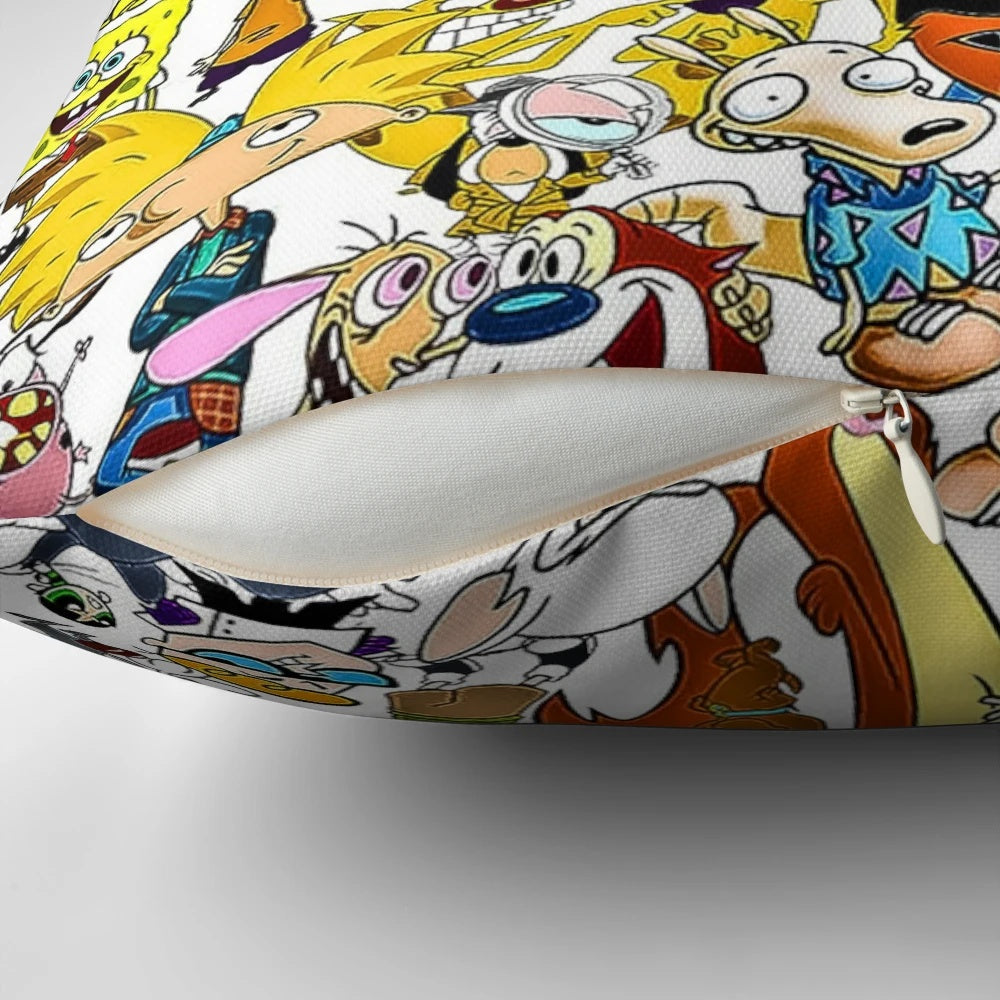 Colorful pillow featuring iconic '90s cartoons and '80s classic TV characters
