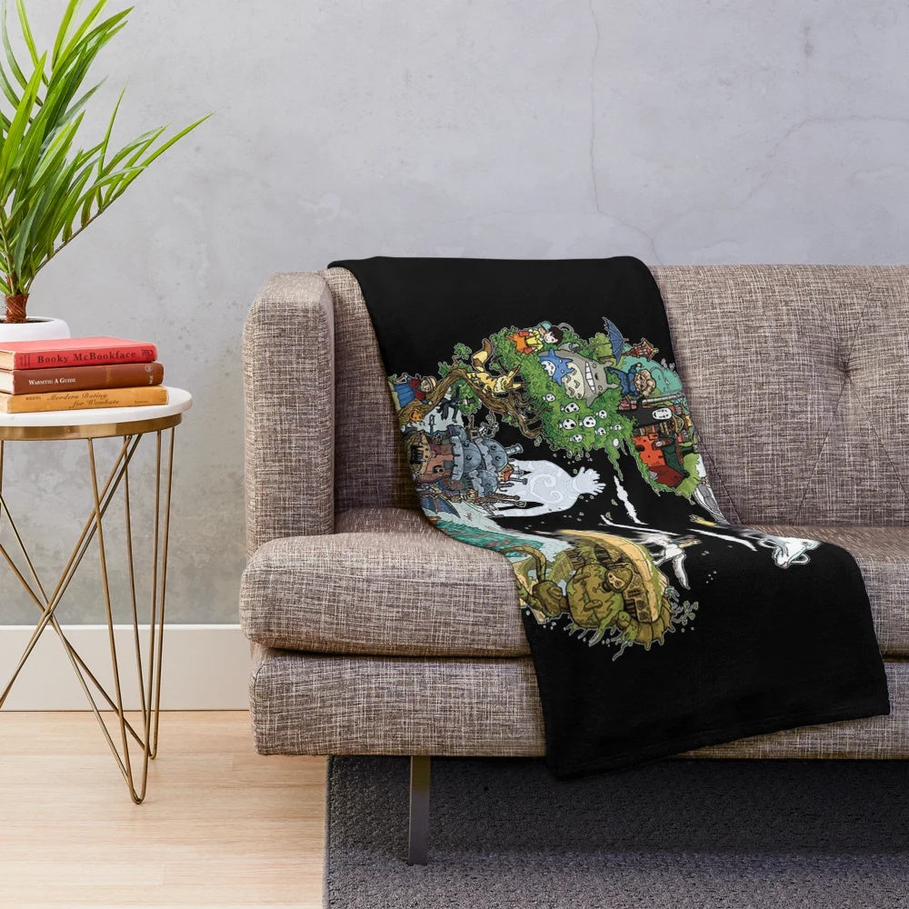 Vintage Totoro-inspired plush blanket with nostalgic anime art