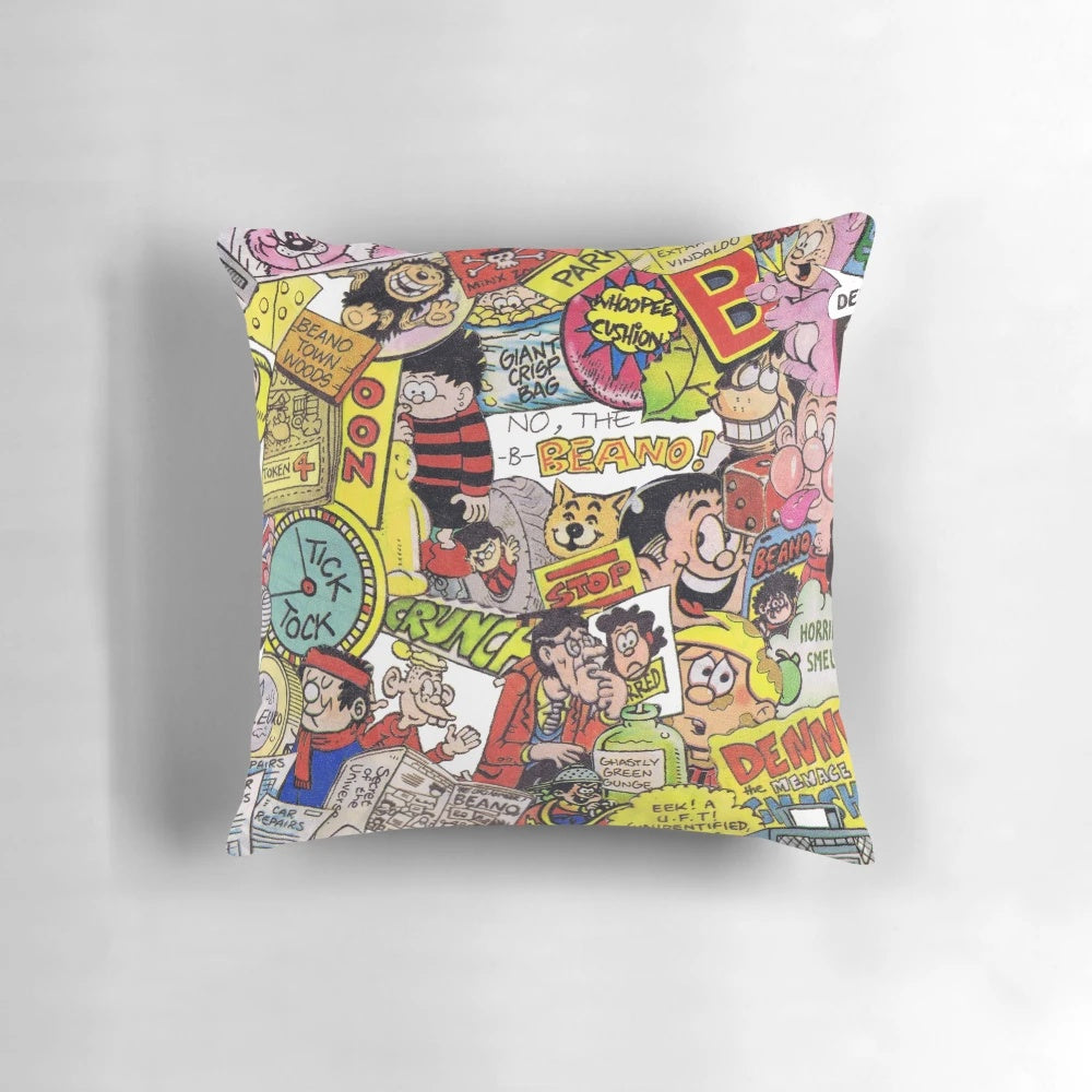 Vintage-style pillow featuring a collage of classic Beano comic characters like Dennis the Menace, Gnasher, Roger the Dodger, and Ivy the Terrible.