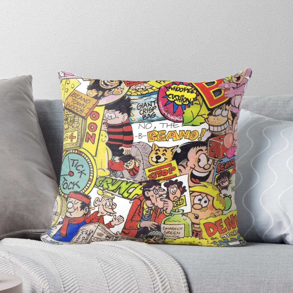 Vintage-style pillow featuring a collage of classic Beano comic characters like Dennis the Menace, Gnasher, Roger the Dodger, and Ivy the Terrible.