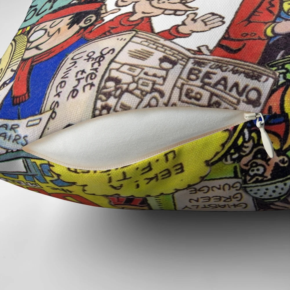 Vintage-style pillow featuring a collage of classic Beano comic characters like Dennis the Menace, Gnasher, Roger the Dodger, and Ivy the Terrible.