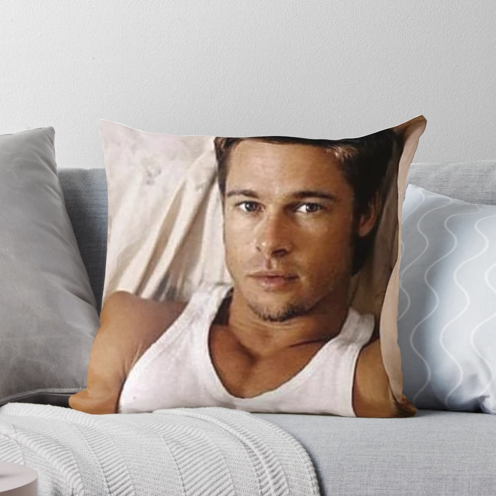 Vintage-inspired pillow featuring a young and stylish Brad Pitt