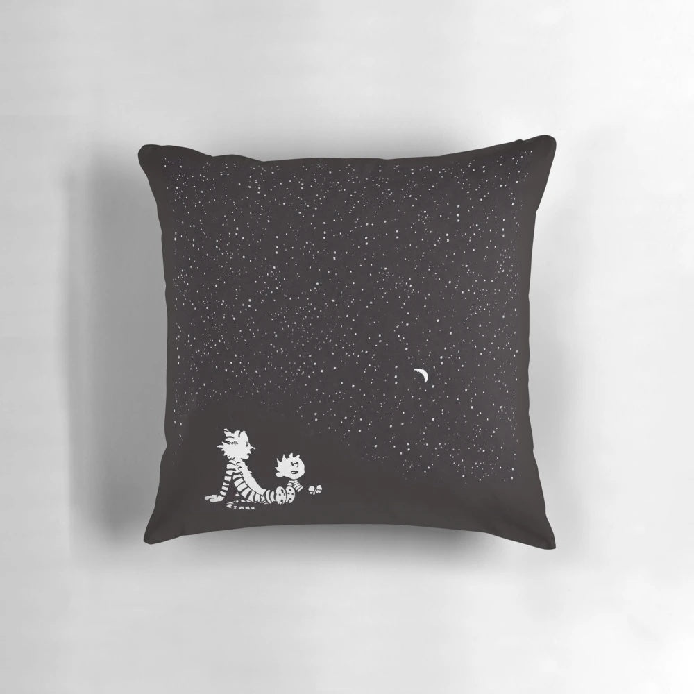 Calvin and Hobbes character illustration on a soft, plush pillow